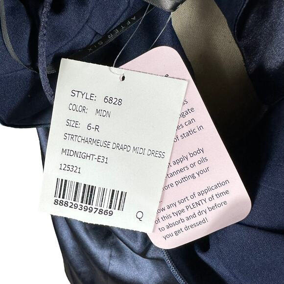 AFTER SIX 6828 Midnight Blue Stretch Charmeuse Draped Midi Dress Size 6R NWT - Picture 7 of 8
